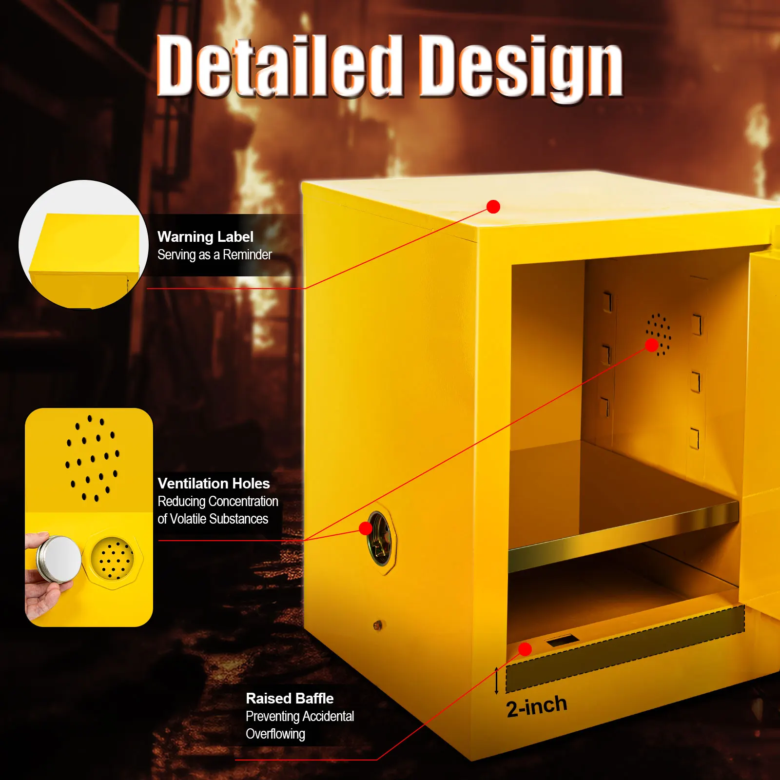 Safety Cabinet for Flammable Materials Yellow Cold Rolled Steel Free Standing No Assembly Rectangular Modern