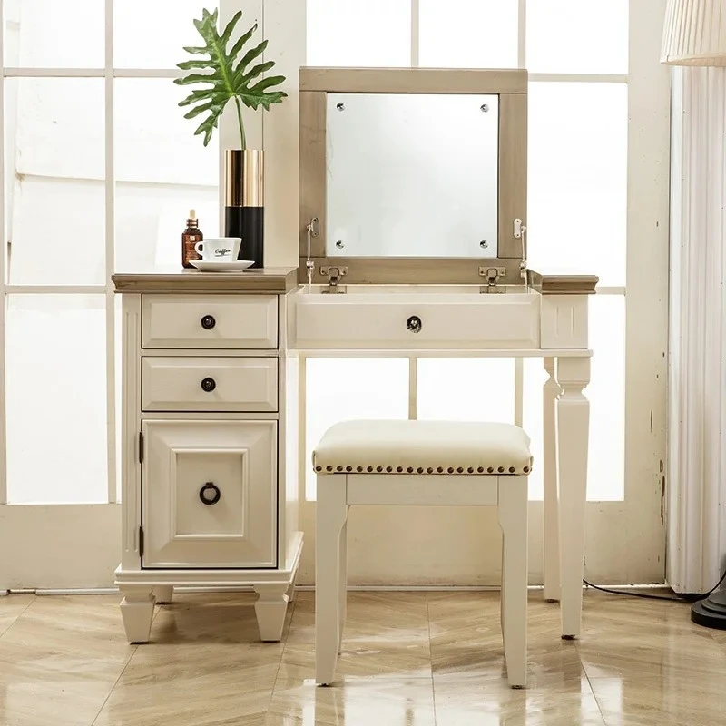 

All solid wood Mediterranean style color matching bedroom flip cover makeup table mirror small apartment