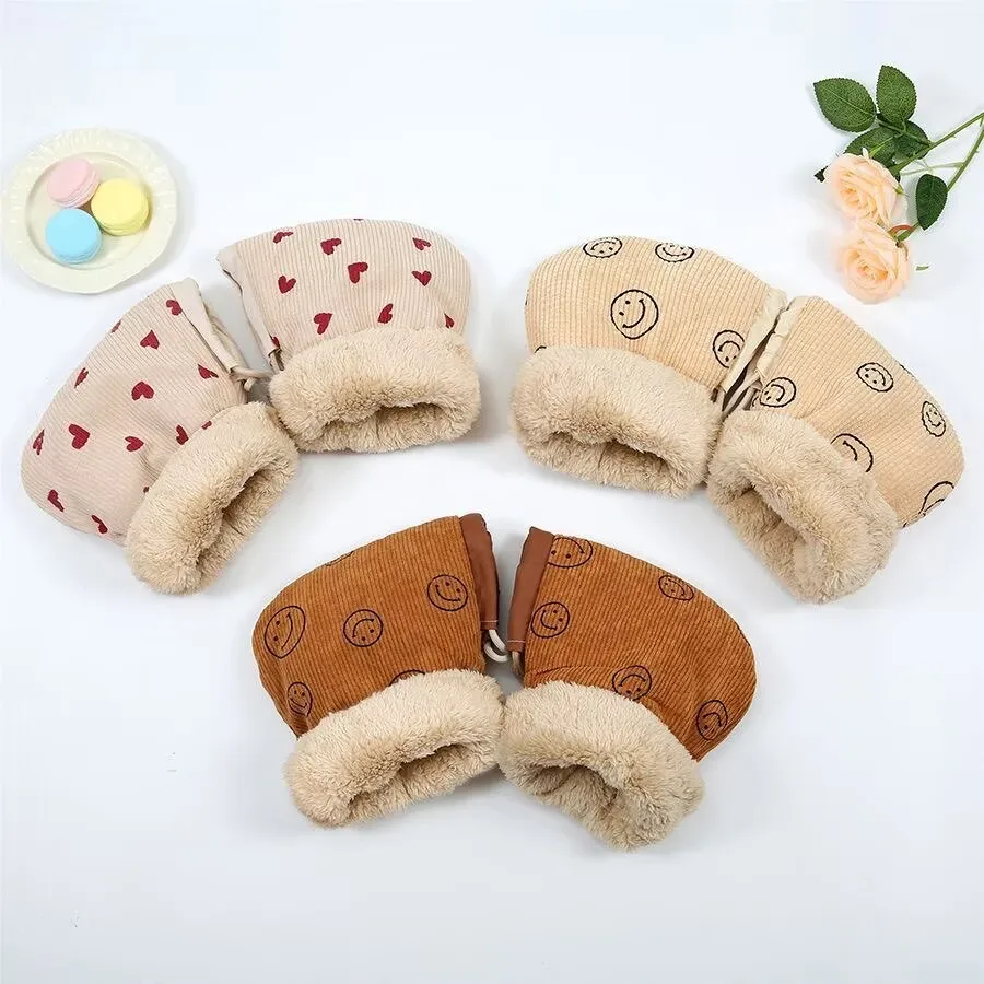 Winter Plush Windproof Infant Stroller Gloves Children's Outdoor Sports Mittens Cartoon Printed Hands Warmer Scooter Accessory