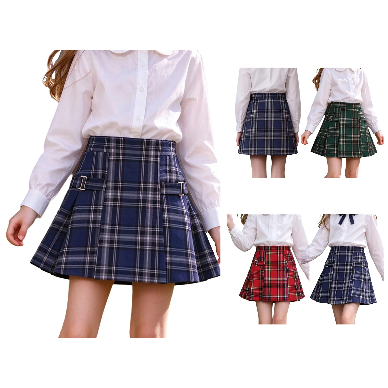 Kids Girls School Uniform Skirts Side Invisible Zipper Plaid Pleated Skirt for Recitation Performance Theme Party Outdoor Play