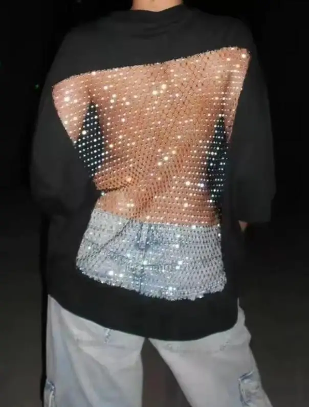 2025 New Round Neck Mid Sleeve Backless Hollow Out Diamond Mesh Mesh Loose T-Shirt