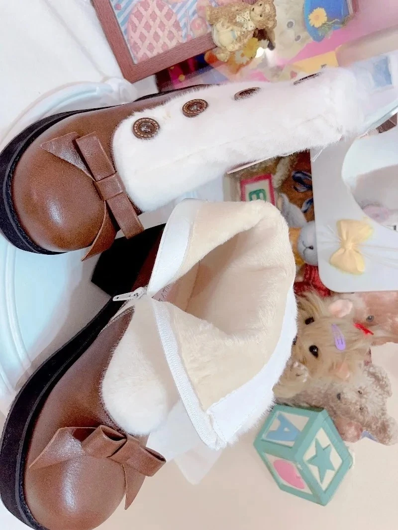 

Autumn Winter Fleece-Lined Mary Jane Lolita Versatile Short Boots Sweet Cute Women's Daily Round Toe Chunky Low Heel Shoes