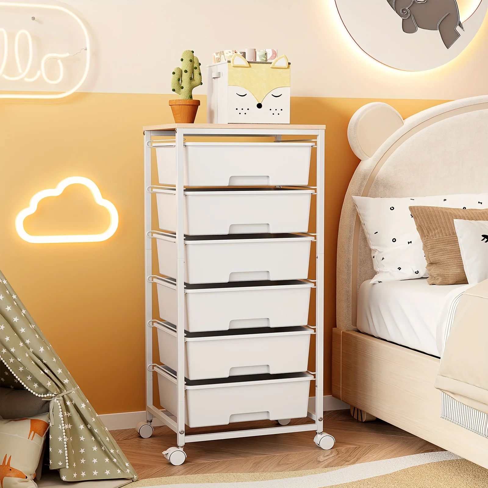 

Rolling Storage Cart with Drawers, Utility Cart with 6 Drawers And Tabletop, Craft Storage Cart with Lockable Wheels for Bedroom