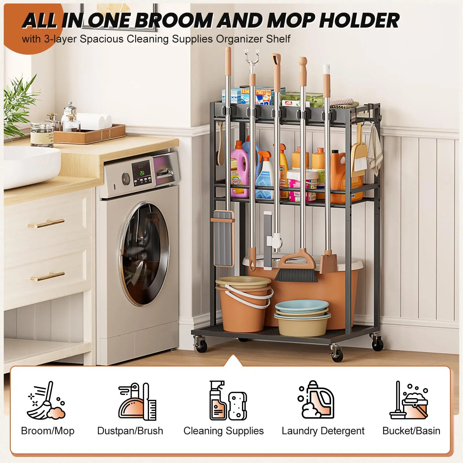 Cleaning tool organizer rack - perfect for yard, broom, and garage storage
