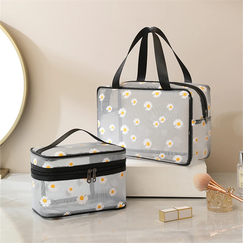 Women\'s Transparent Mesh Cosmetic Makeup Bags Daisy Printing Travel Toiletry Kits Make Up Case Zipper Beauty Brush Organizer