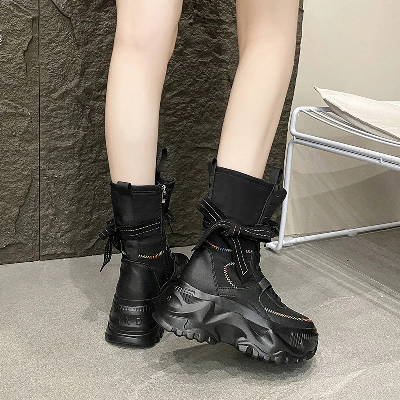 8CM Women Chunky Mid-Calf Boots New Autumn Canvas High Platform Round Toe Ladies Shoes Tie Motorcycle Boots Winter Sneakers - Image 5