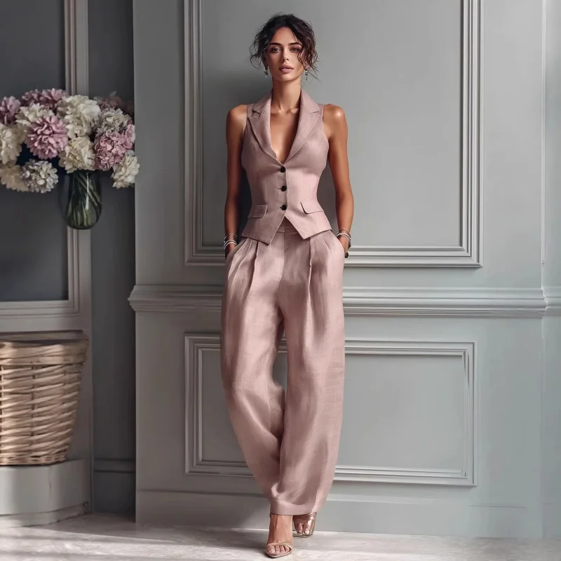 Damen 2-teiliges Outfit, ärmellose Weste mit Revers, hochtaillierte Hose mit weitem Bein, elegantes Büro-Formalanzug-Set, Business-Party-Partnerlook – Detail 1