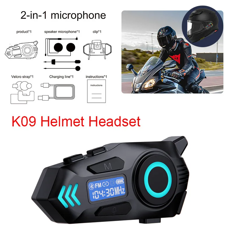 

K09 K10 Motorcycle Helmet Bluetooth Headset With LED Ambient Lights, Flashlight Function, FM, Intercom Or Video Recording