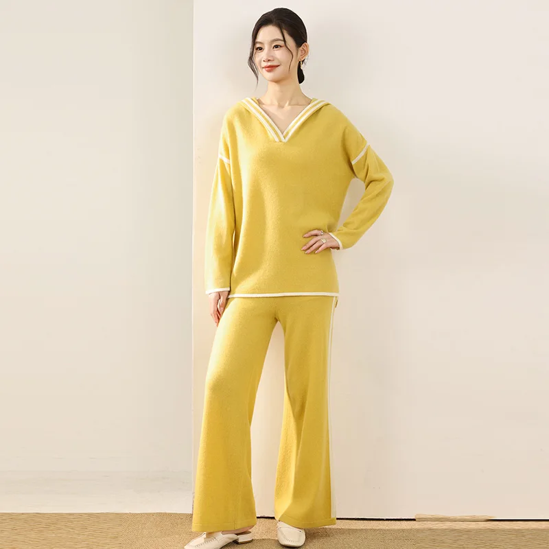 

Fall/Winter Hooded 100% Pure Wool Women's Loose Pullover Suit Color Matching High Waist Straight Pants Two-Piece Suit