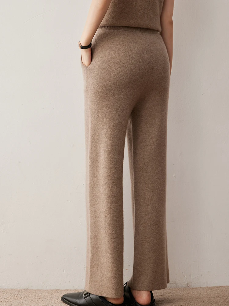 Pantalon droit en cachemire pour femme, taille élastique, 100% cachemire tricoté, poches solides, pantalon classique pour femme de bureau, automne hiver