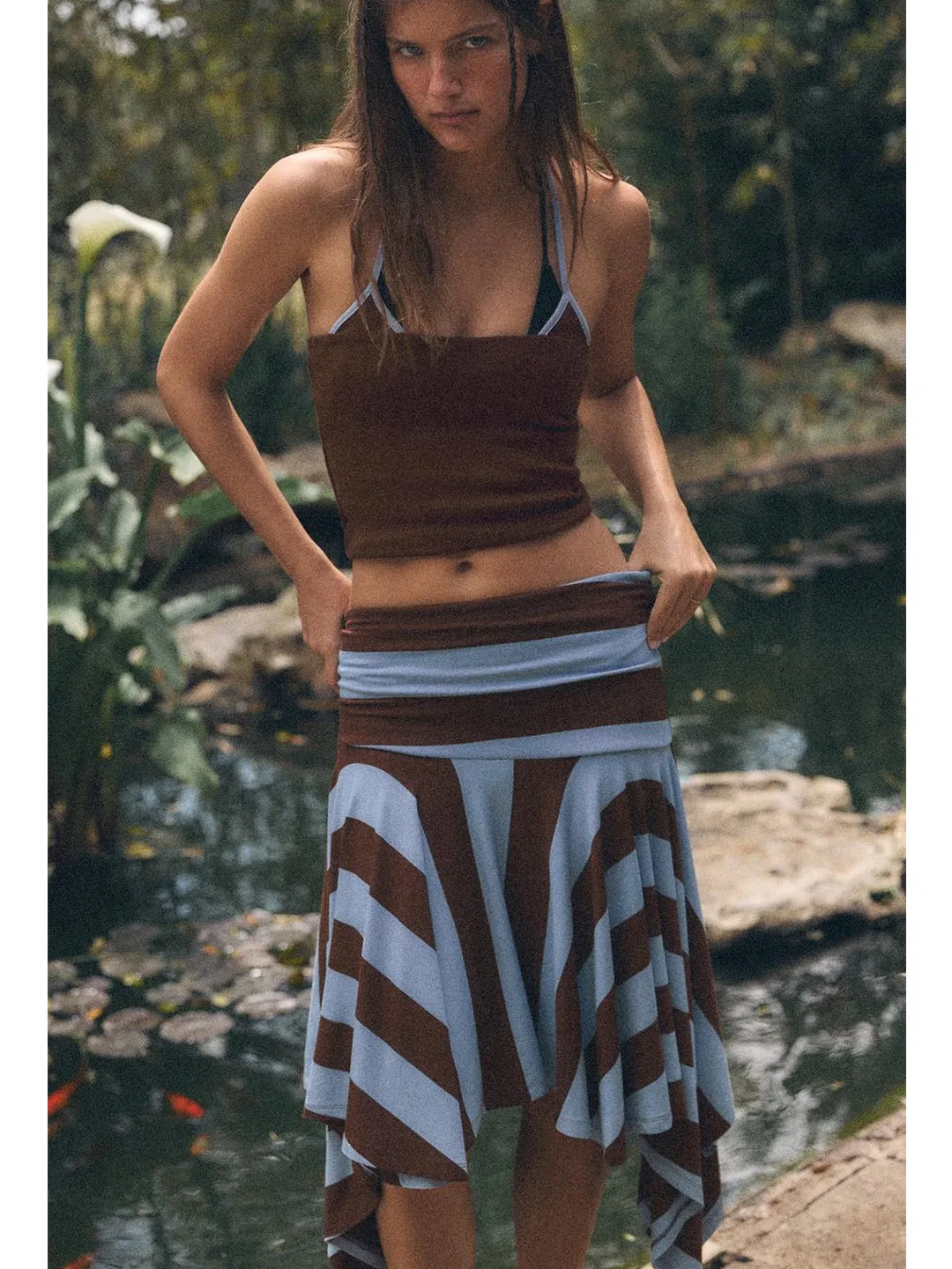 Summer New Women's Beach Vacation Style Mid-Waist Stripe Asymmetrical Hem Skirt Loose Fit Polyester Fiber Washed Fabric