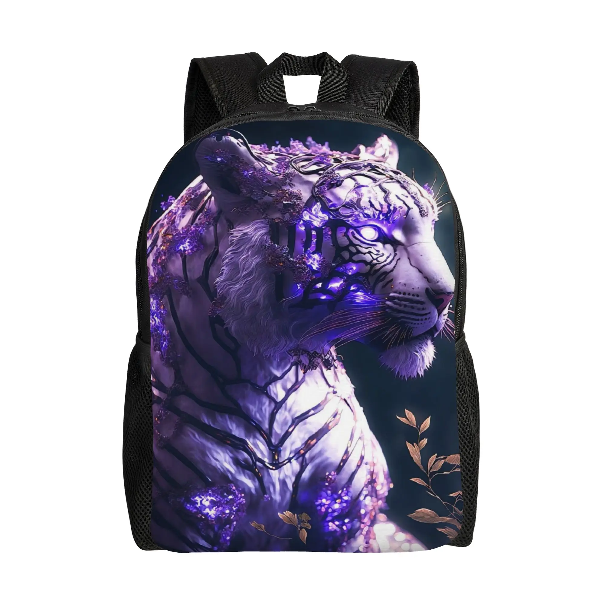 Handbag Back to school season Purple Glowing White Tiger Art  Adjustable Strap Backpack