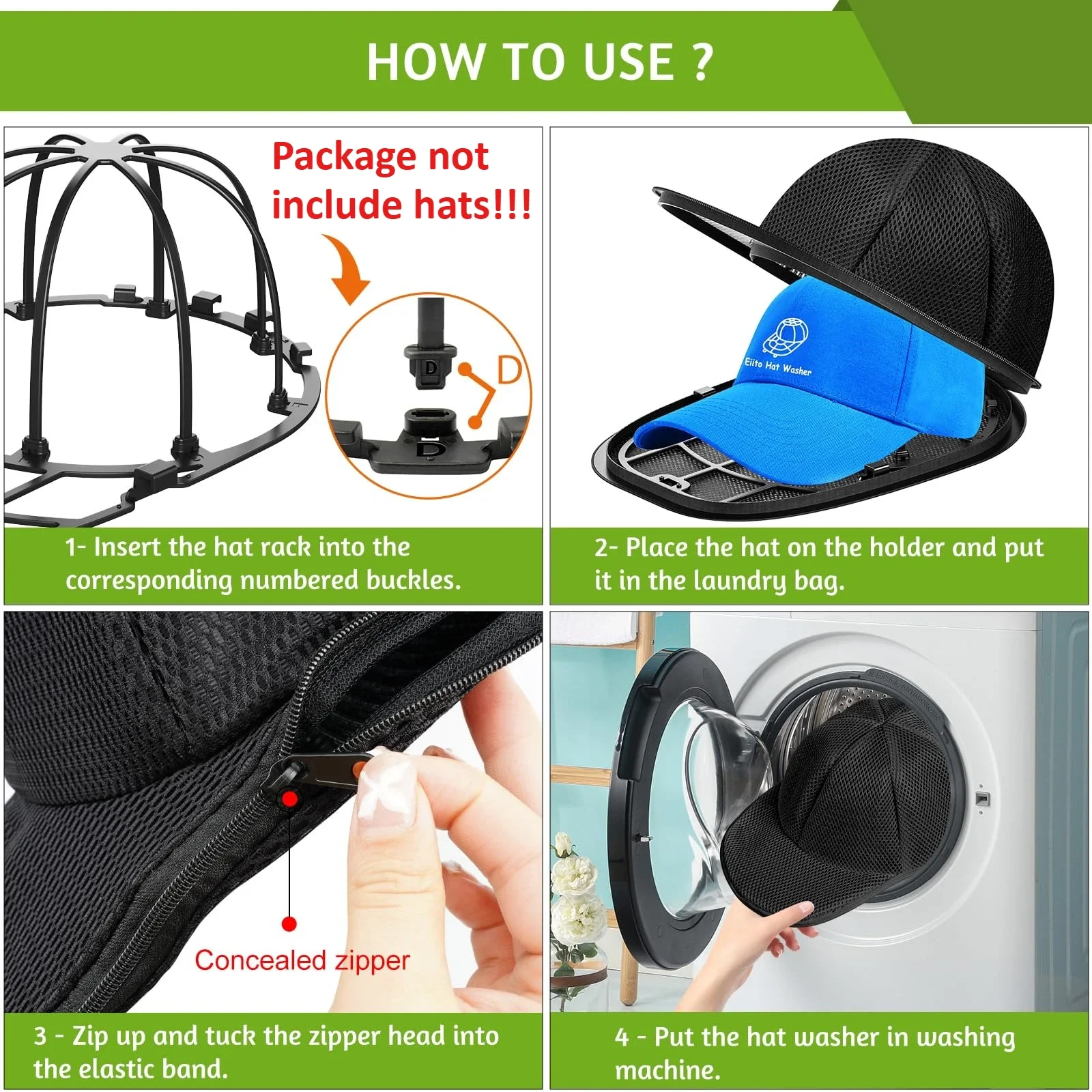 2-Pack White/Black Hat Washer Cage with Mesh Detachable Protective Frame Flat Curved Hats Prevent Deformation Excluding Hats