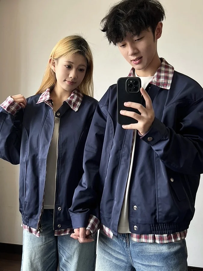 

Retro Japanese Sle Loose Men's Plaid Collar Jaet Autumn Spring Trendy Heavyweight Baseball Coat Youth Culture Faion