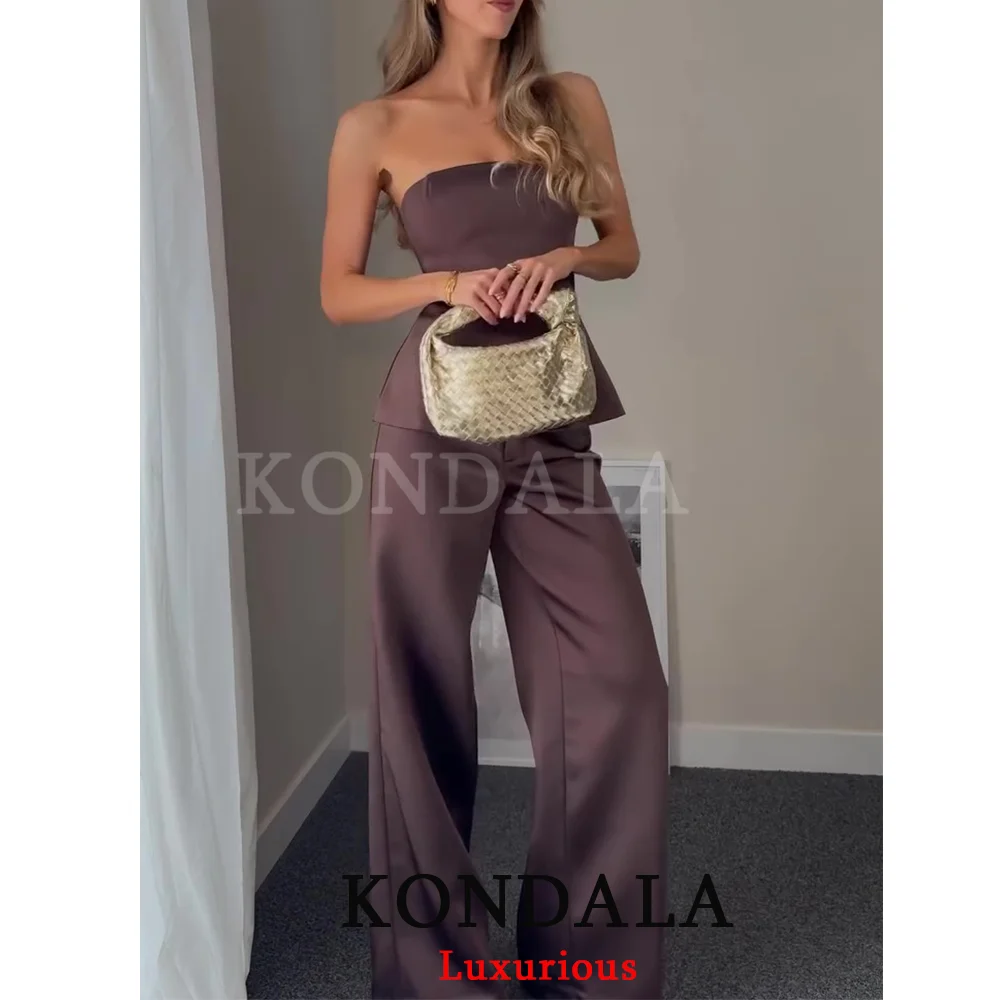 KONDALA خمر شيك براون الساتان النساء الدعاوى صديرية دائرية عارية الذراعين السترة السراويل المستقيمة موضة 2025 الخريف مكتب سيدة الدعاوى الحفلات #2