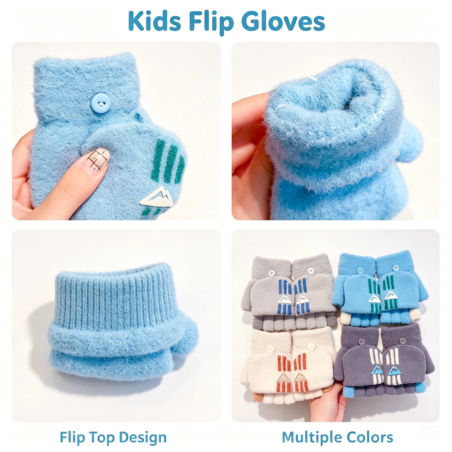 2-in-1-Winterhandschuhe für Kinder mit aufklappbarem Überzug, weiche, flauschige Handschuhe aus Kunstfellimitat, gestrickte Fäustlinge mit Stern- und Streifenmuster, halb- und volle Fingerhandschuhe für Jungen und Mädchen. – Detail 1
