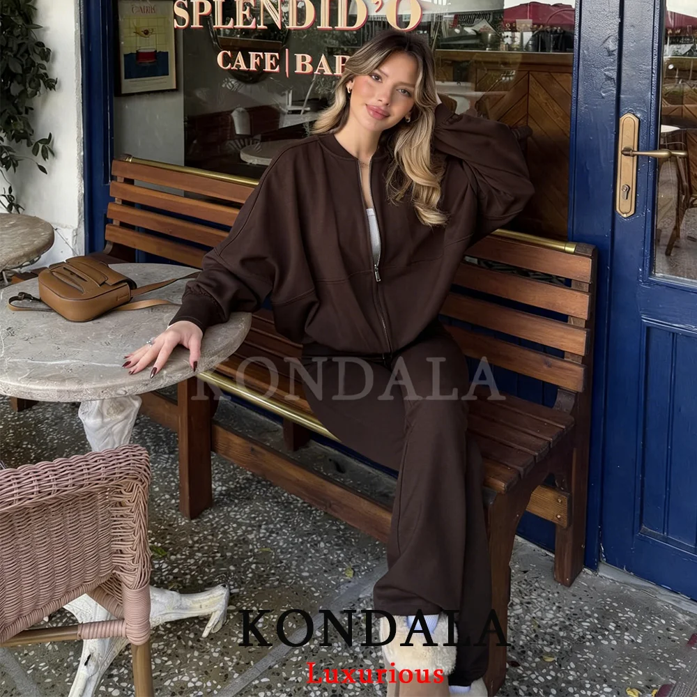 KONDALA Casual Chic Chocolate Brown Women Suits Long Sleeve Loose Jackets Long Flare Pants Elastic Sports Female Running Suits