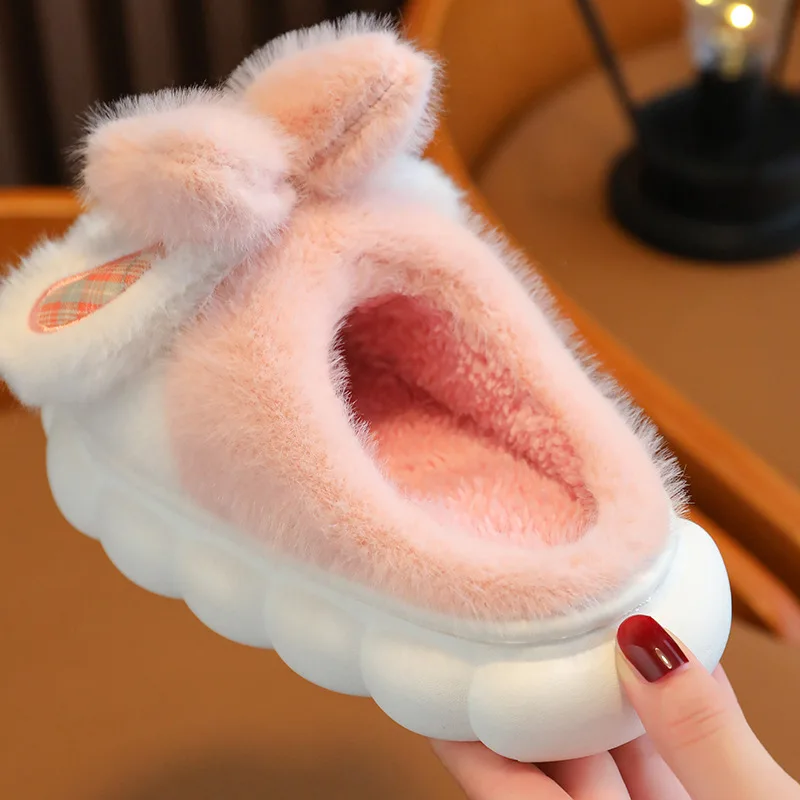 2024 New Winter Children Cotton Slippers Girl Boy Kids Cute Thick Fleece Fur Slippers Warm Soft Non-Slip Baby Shoes