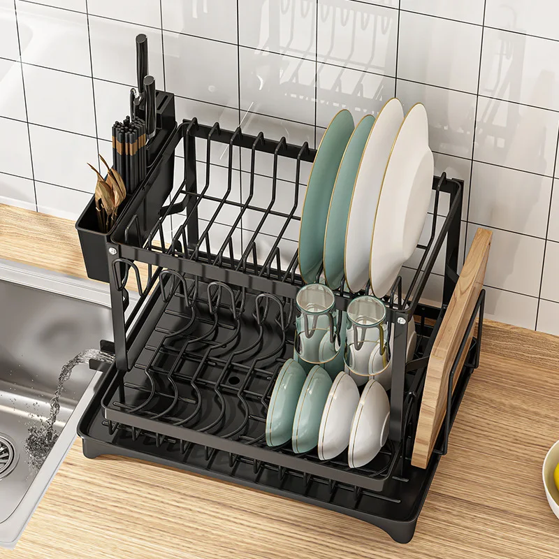 Large Dish Drying Rack, 2-Tier Dish Racks for Kitchen Counter, Detachable Dish Drainer Organizer with Utensil Holder Drain Board