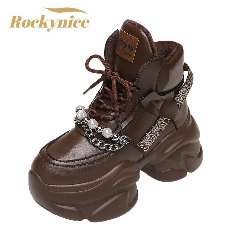 

Winter Leather Chunky Snow Boots New High Top Chain Sneakers Platform Females Booties Women Keep Warm Fur Ankle Boots Wedge 8CM