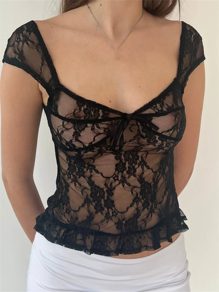 CHRONSTYLE Retro Women Y2K Fairy Lace T-shirts Crop Top Mesh See-Through Slim Fit Tops Deep V-neck Backless Tees Streetwear 2023