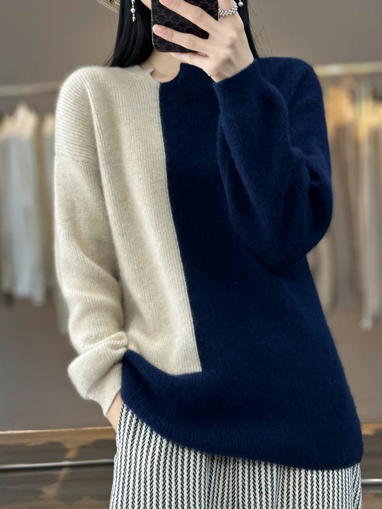 Autumn and Winter Cashmere Sweater 100% Merino Wool Knitting Color Contrast Clothing Women\'s O Neck Pullover Top Fashion Korean