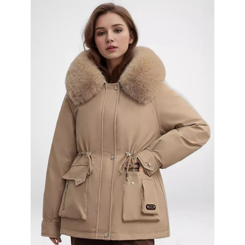 Pie Overcomes Women's Winter 2026 Fleece Thickened Waist Down Cotton Jacket Big Pocket Loose Tooling Cotton Jacket Tide