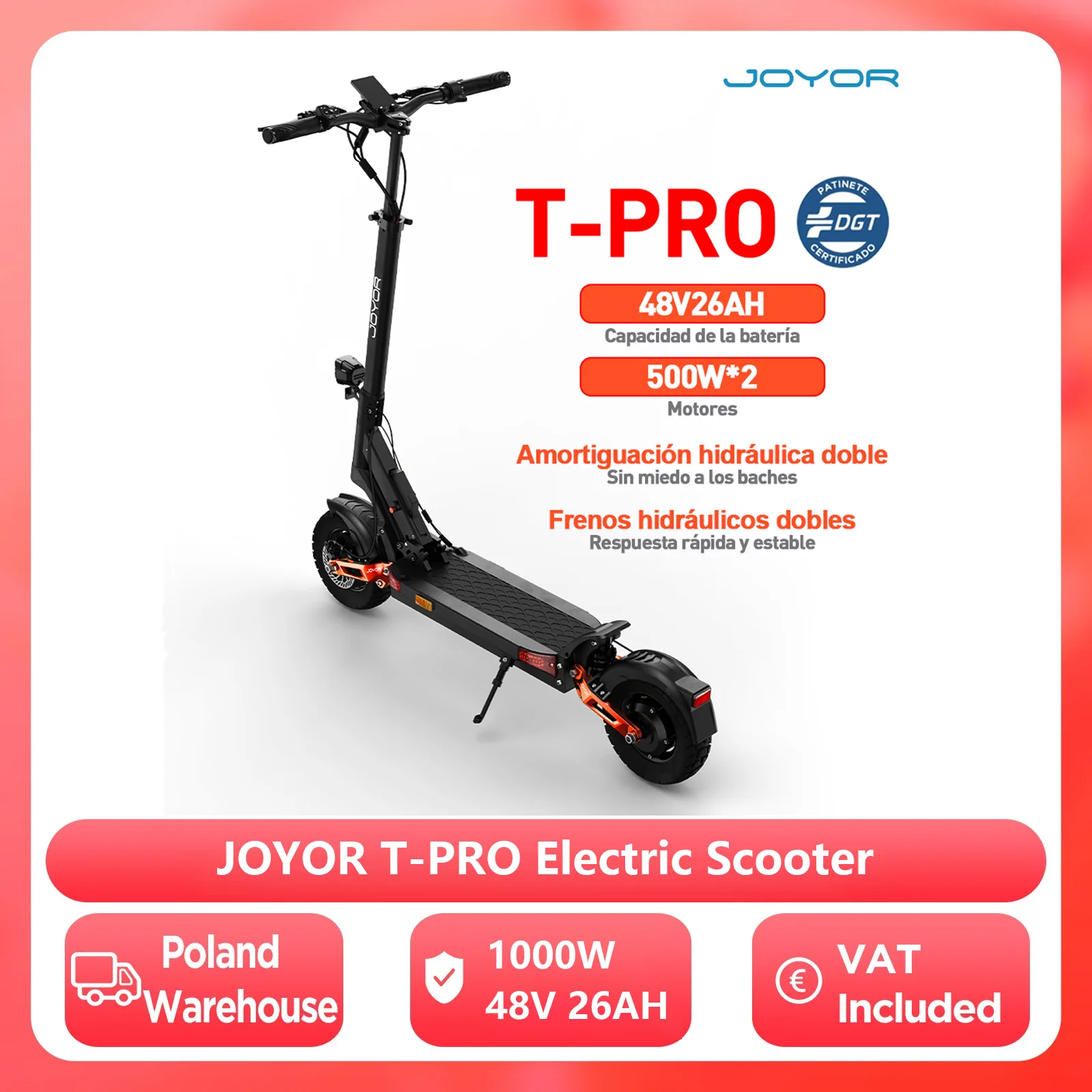 Patinete eléctrico Joyor T-Pro DGT, 500 W x 2, con doble motor, batería de 48 V y 26 Ah, neumáticos de 10 pulgadas… — oferta en AliExpress