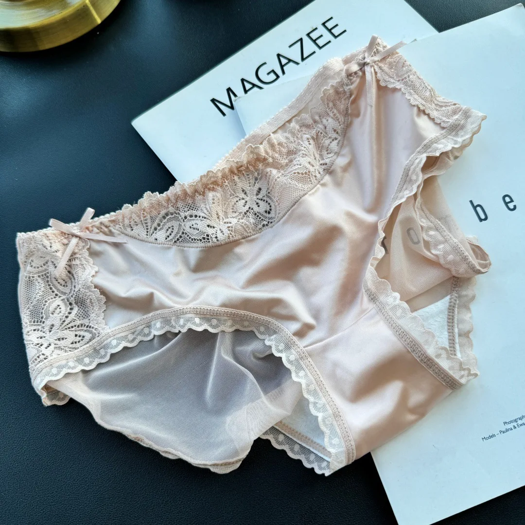 SP&CITY Ice Silk Bow Lace Sexy Women's Underwear Low Waist Cotton Crotch Hollow Out Panties Embroidery Mesh Breathable Briefs