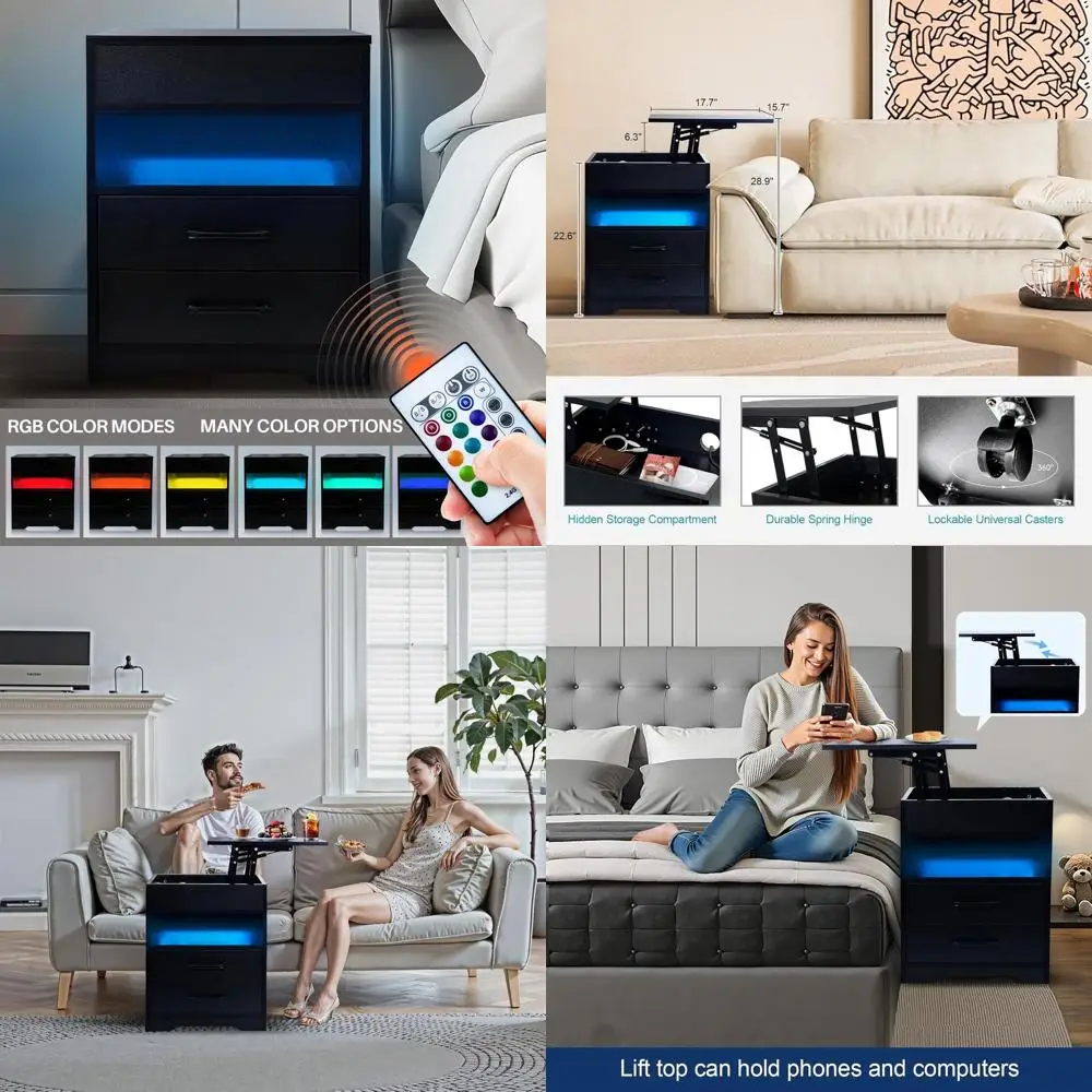 منضدة صديقة للكمبيوتر المحمول مع سطح رفع وعجلات وأضواء LED ومنفذ USB C ومخرج طاقة باللون الأسود