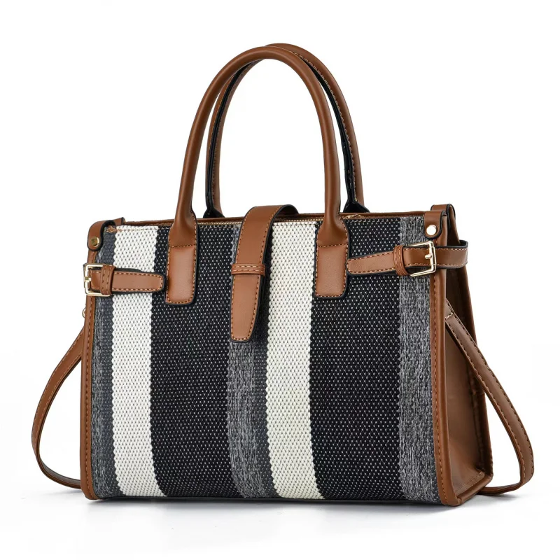 2025new contrast color canvas stitching women's fashion trendy bags high-grade large capacity shoulder messenger bag