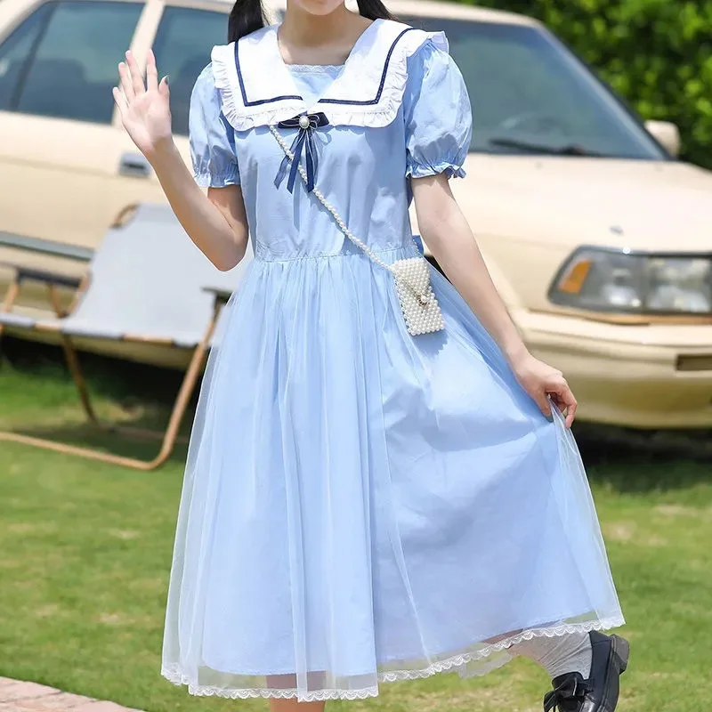 2026 Summer Dresses Sky Blue Kid Baby Party Sailor Mesh Princess Girls Mid Long Lace Teenager Dress Collar 4 8 10 12 14 Years