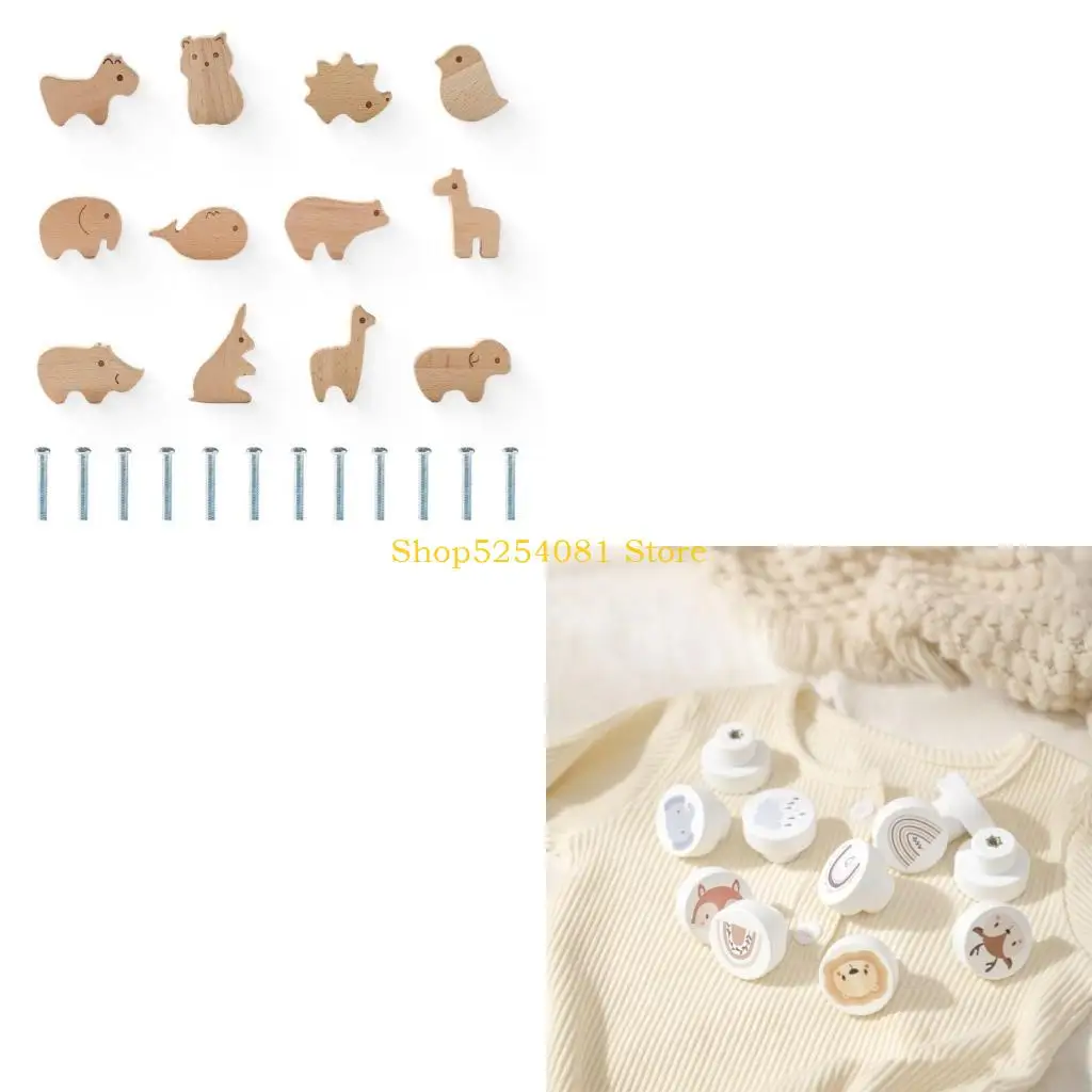 AXYC Wood Drawer Handles Round Wood Knobs Animal Pattern Drawer Pulls Multiple-style Drawer Knob for Furniture