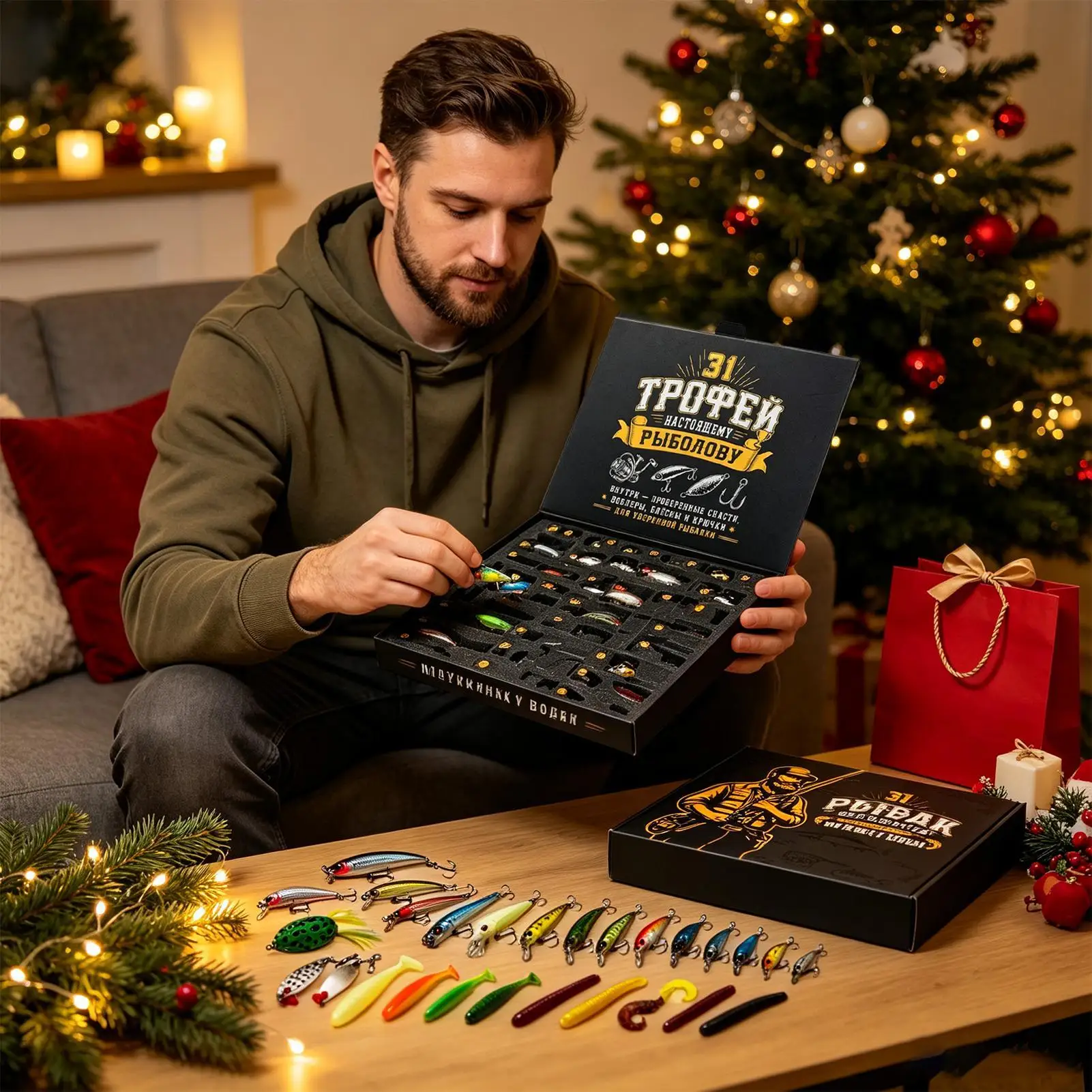 2026年版-31日間のアドベント・フィッシング・カレンダー。リアルな人工装飾品と釣り道具で、クリスマスまでのカウントダウンを楽しむ、ホリデーパーティーやカップルにぴったりのアイテム。
