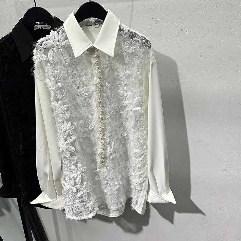 Thin Hollow Slight See-through Shirts Men's Long-Sleeved Design Sense Avant-Garde Three-Dimensional Flower Stitching Pearl Shirt