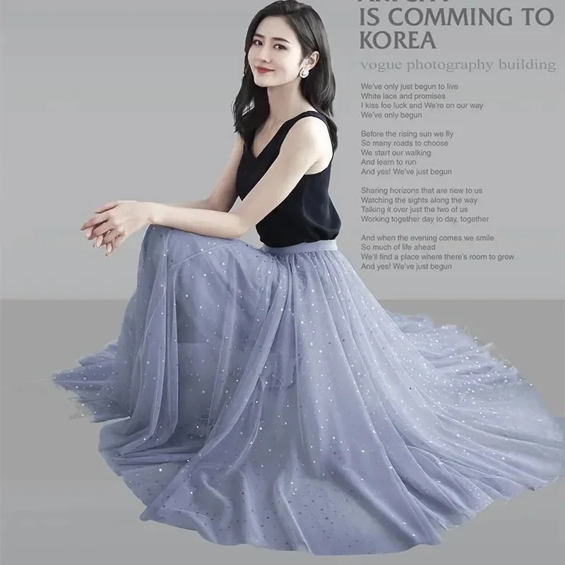 

Women Two Layer Yarn Lining Half Length Skirt Female Versatile Mid Length Version Maxi Skirt Lady High Waisted Long Skirts