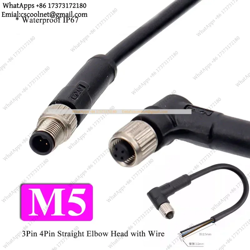JS01 M5 M8 Aviation Connector Plug Socket 3 4 Pin Core IP67 Waterproof Cable Wire Straight Elbow Head 0.3-5M
