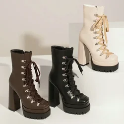 Modern Western Mature Punk Goth Female Winter Super Block High Heeled Shoes Plus Size 43 Square Toe Lace-up Platform Heels Boots