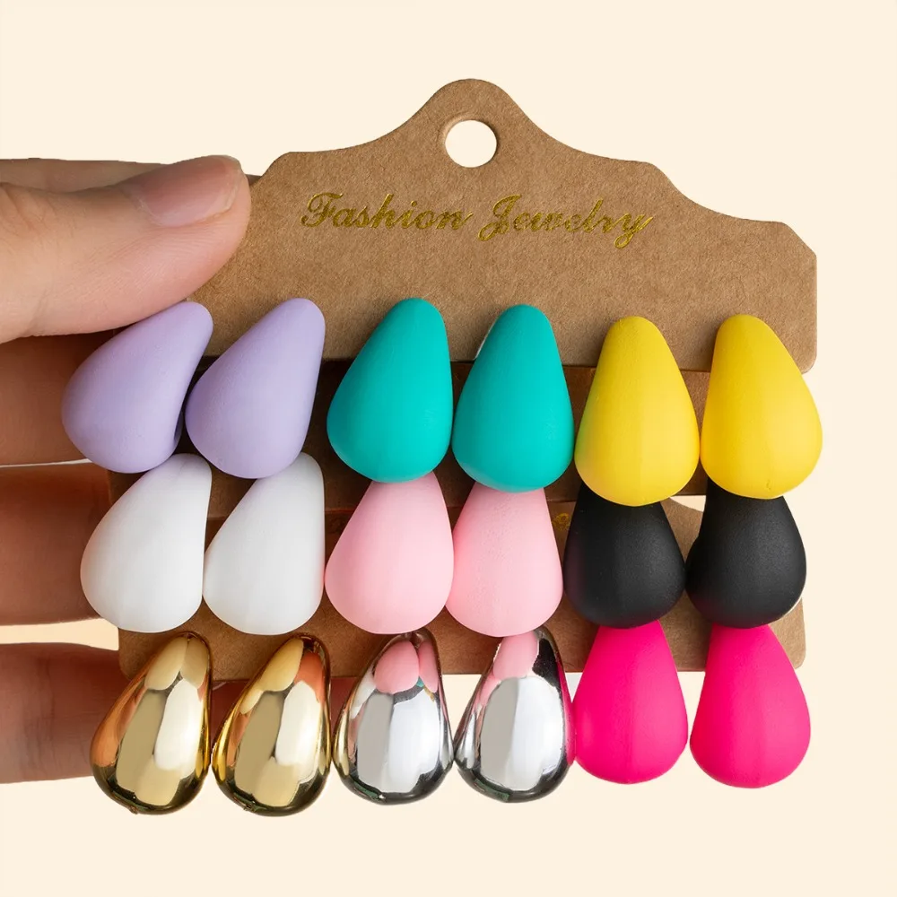 3 Pairs Set Sweet Dopamine Colorful Matte Resin Waterdrop-shaped Stud Earrings for Women Valentine's Day Beach Date Jewelry Sets