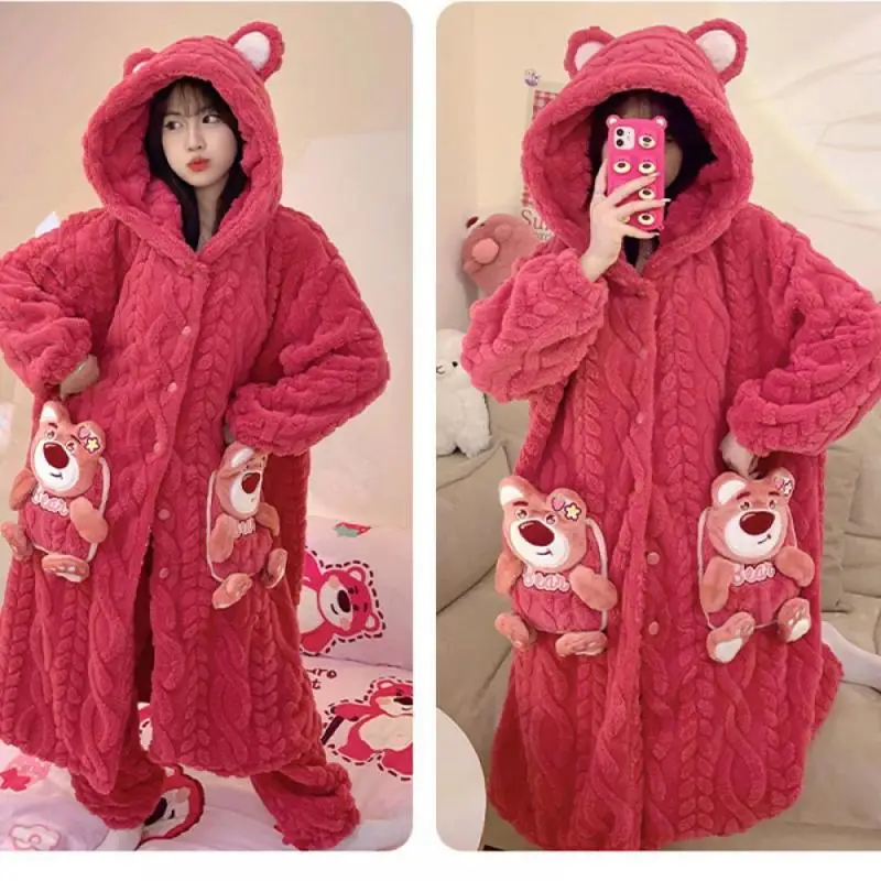 2Pcs Hello Kitty Women's Plush Pajamas Suit Sanrioed My Melody Kuromi Winter Homewear Cartoon Hooded Robe Thicken Warmth Soft