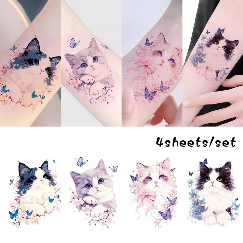 Autocollants de Tatouage Temporaire Papillon et Chat Mignon, Faux, Étanche, Durable, Ange, Bras, Dessin Animé, 4 Pièces/Lot