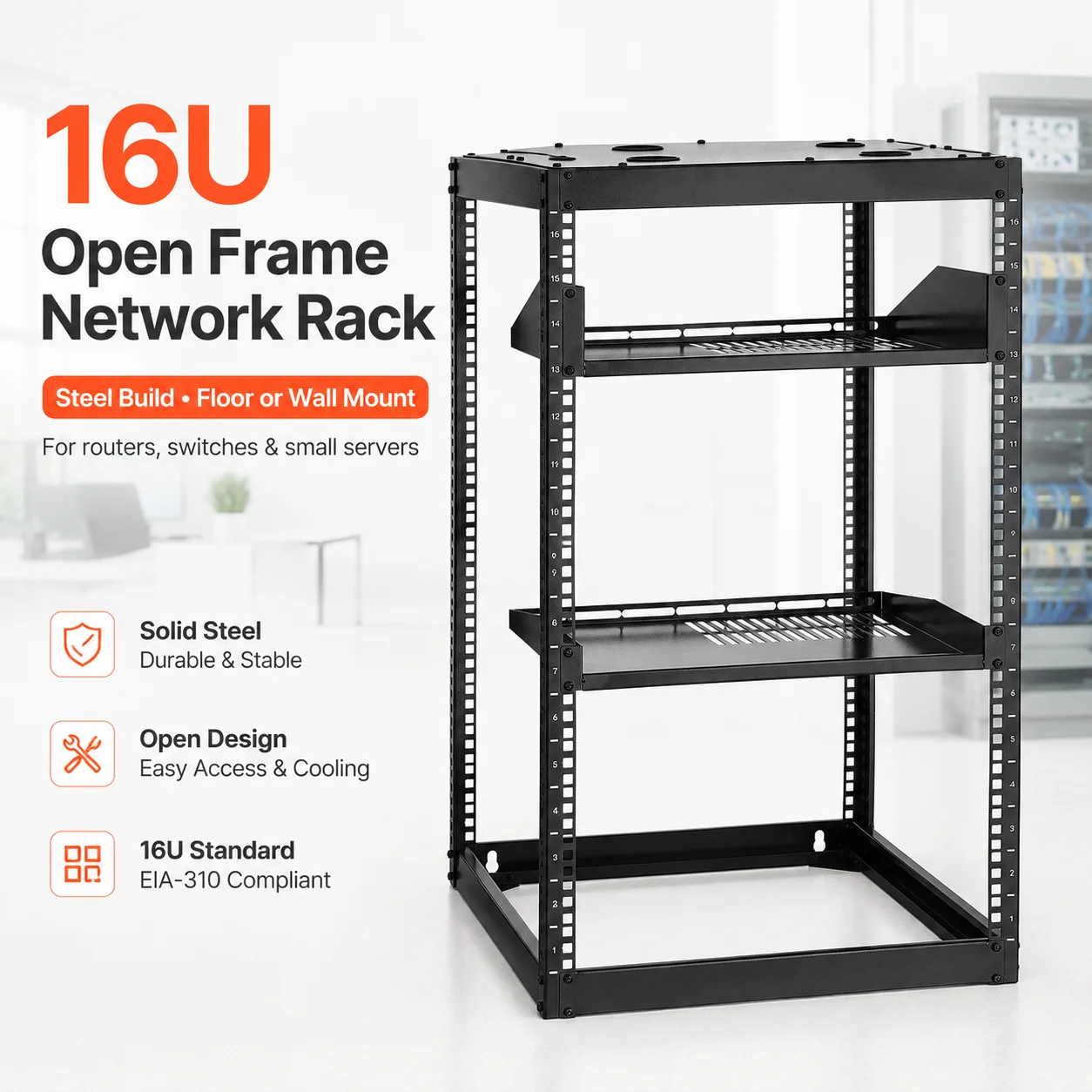16U Open Frame Network Rack 23 Inch Deep 4 Post Server Rack Wall Mount Floor Standing with 2 Shelves Cable Routing Steel Black
