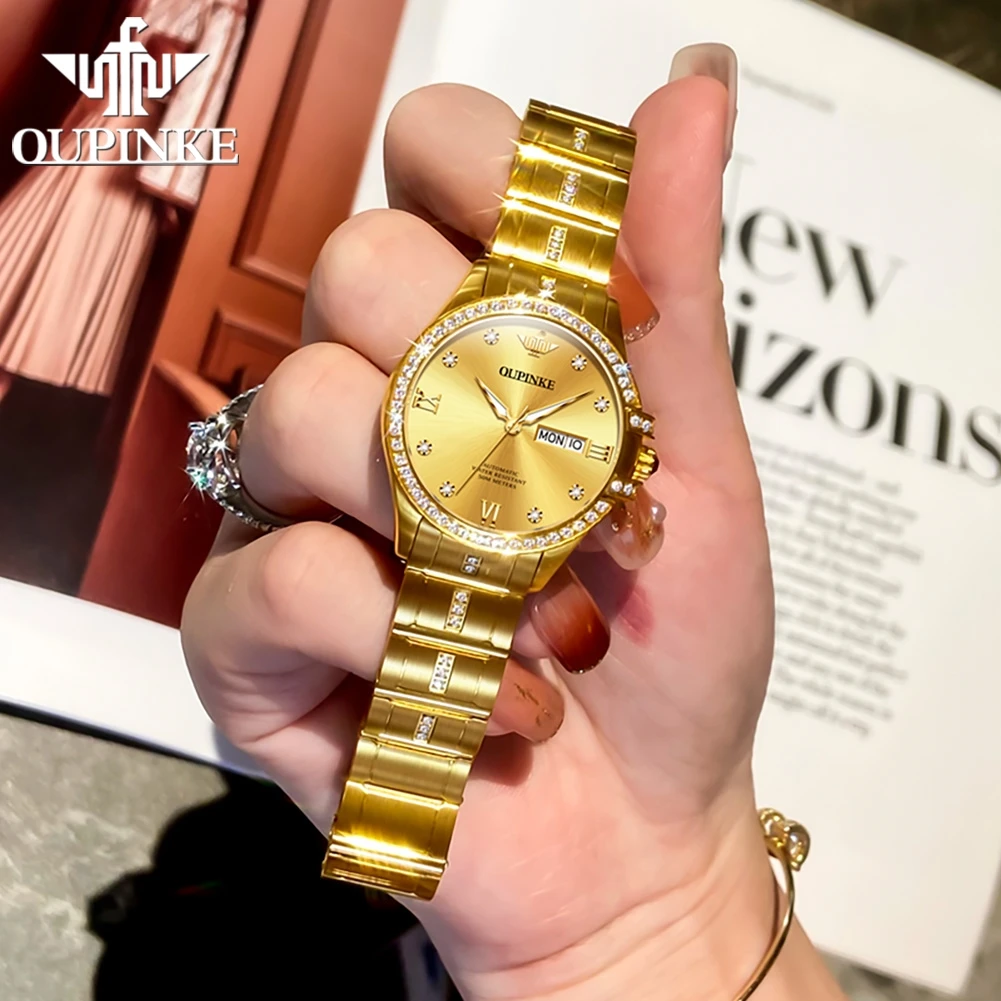 OUPINKE 3195 Women Watch Luxury Brand Imported Movement Women Diamond Watch Waterproof Double Calendar Bracelet Set Dress Watch