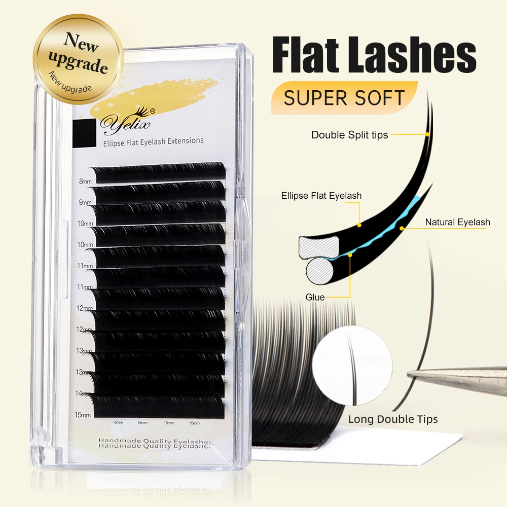 Yelix Lashes Flat Ellipse Shape Eyelash Extensions Double Split Tips Soft Natural Easy Pickup Salon Individual Lash Zero Touch A
