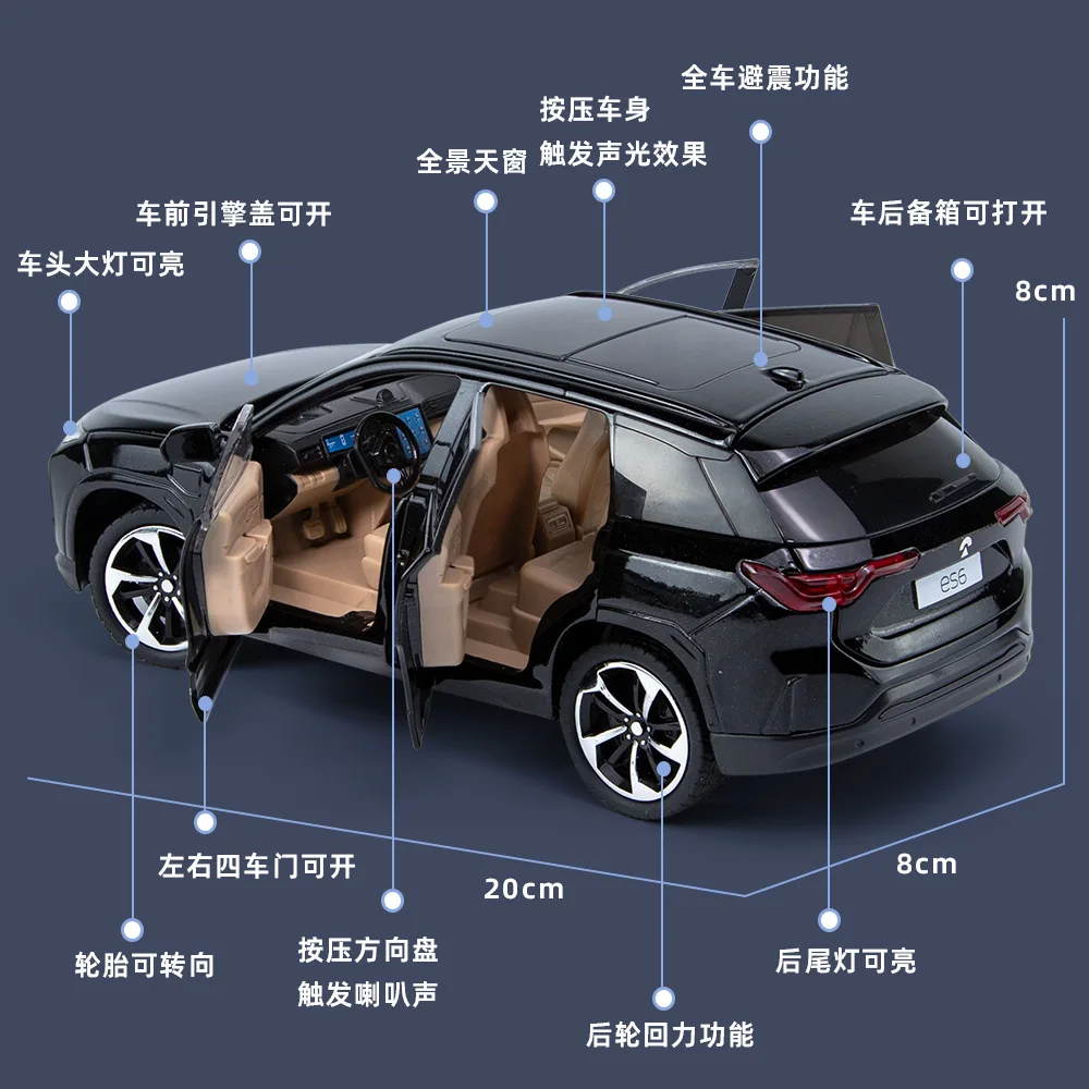 Diecast Metal SUV carro modelo, 1:24, NIO ES6, veículo de liga, coleção simulação, luz sonora, puxar para trás carro, A494