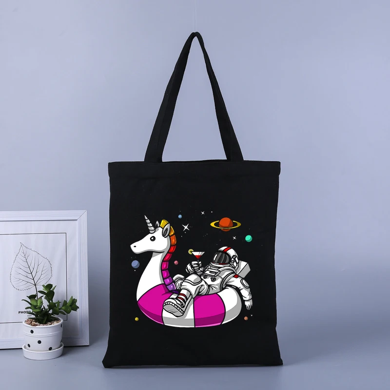 Space astronaut printed canvas shopping bag large capacity handbag tote bag student school bag