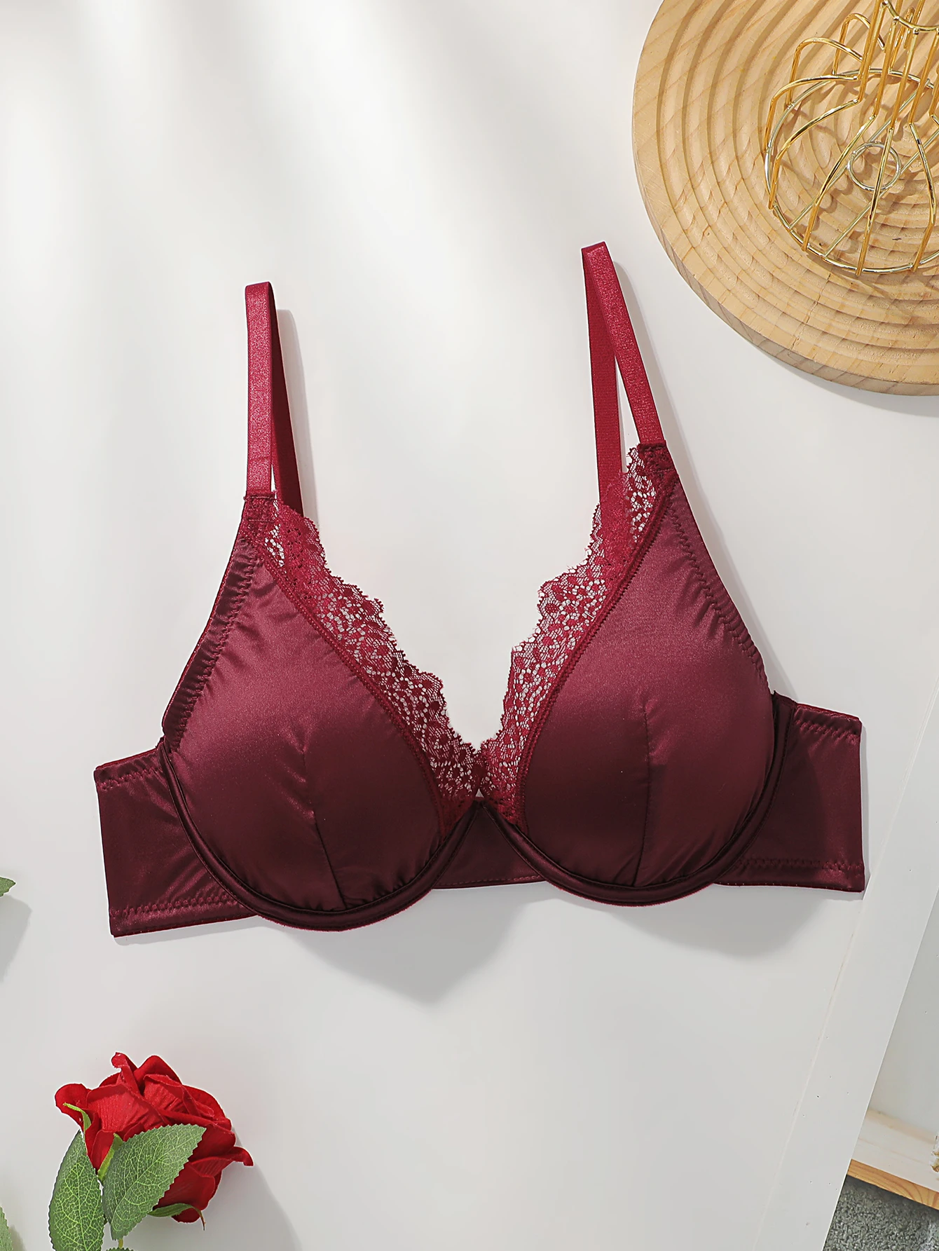 Women Satin Lace Trim Push Up Bra Underwire Padded Deep V Brassiere Adjustable Straps Elegant Sexy Lingerie MR2912