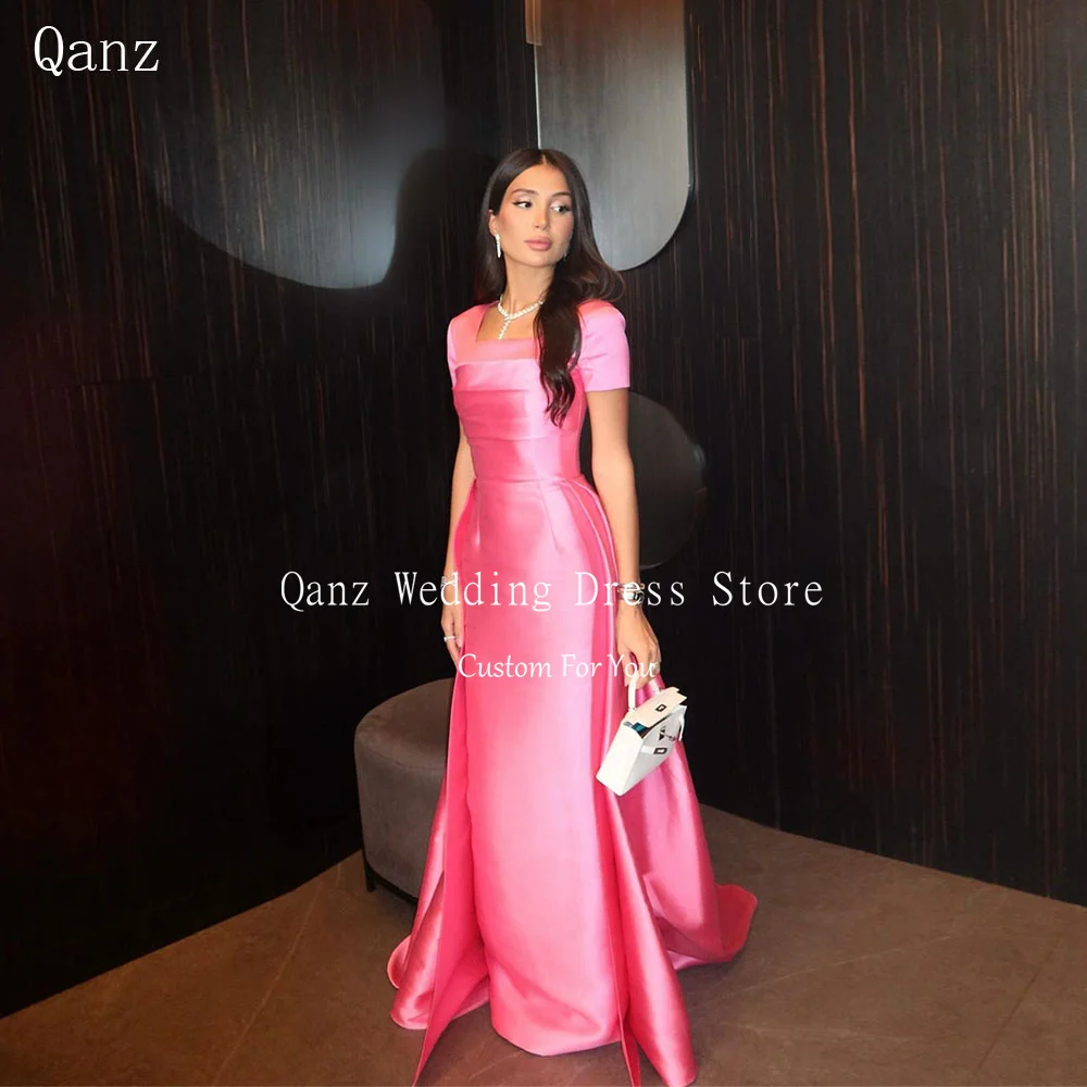 Qanz 우아한 새틴 이브닝 드레스 여성 핑크 인어 스타일 짧은 소매 드레스 결혼식 손님용 아벤드클라이더 두바이 맞춤형