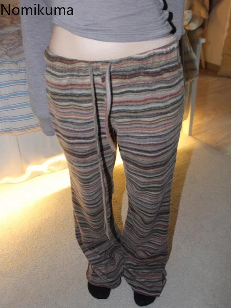 

Striped Flare Pants for Women Drawstring Casual Fashion Pantalon Femme Streetwear Slim Fit Y2k Trousers 2025 New Bottoms 49D082