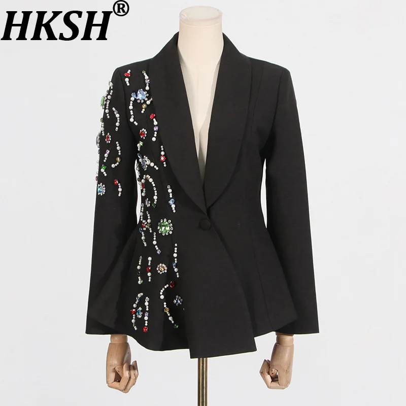 

HKSH Autumn New Women Trendy High Street Elegant Chic Long Sleeve Single Button Slim Fit Studded Colorful Diamonds Blazer HK8453